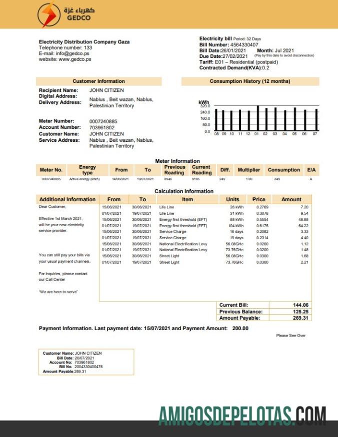 Em branco modelo de conta de serviços públicos da Palestina Electricity Distribution Company Gaza (GEDCO) em formato Word e PDF